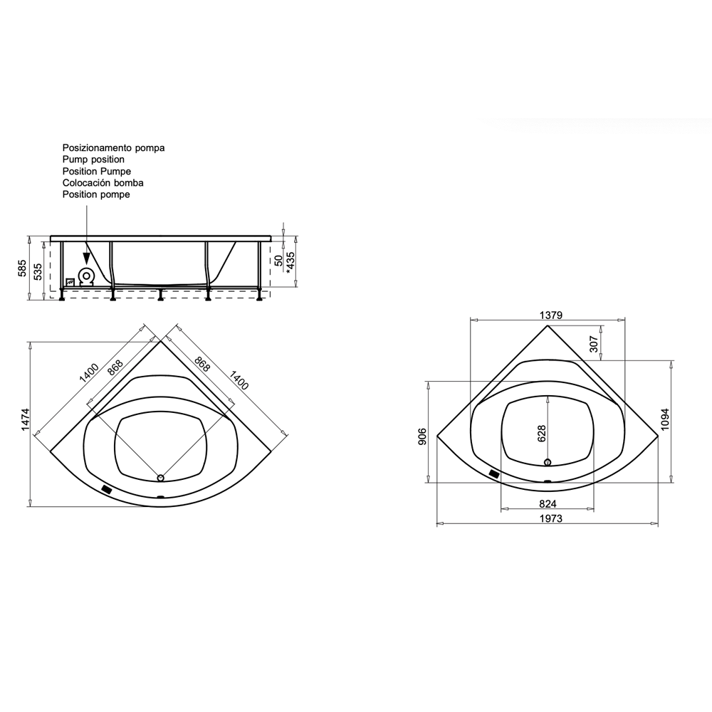 Vasca da bagno angolare solo guscio in acrilico bianco 140x140 Cm