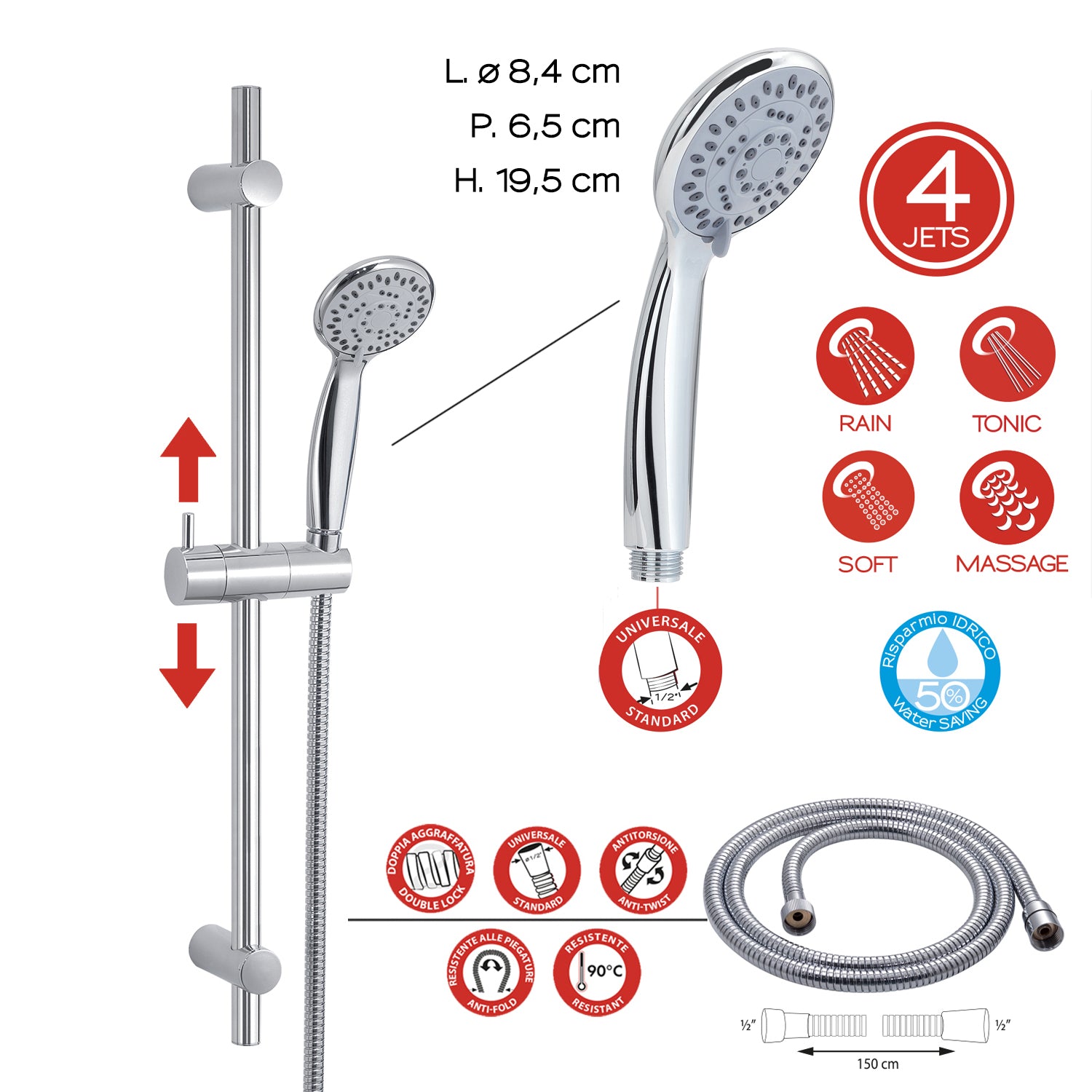 Saliscendi doccia in acciaio INOX doccetta 4 getti con flessibile antitorsione Easy 06