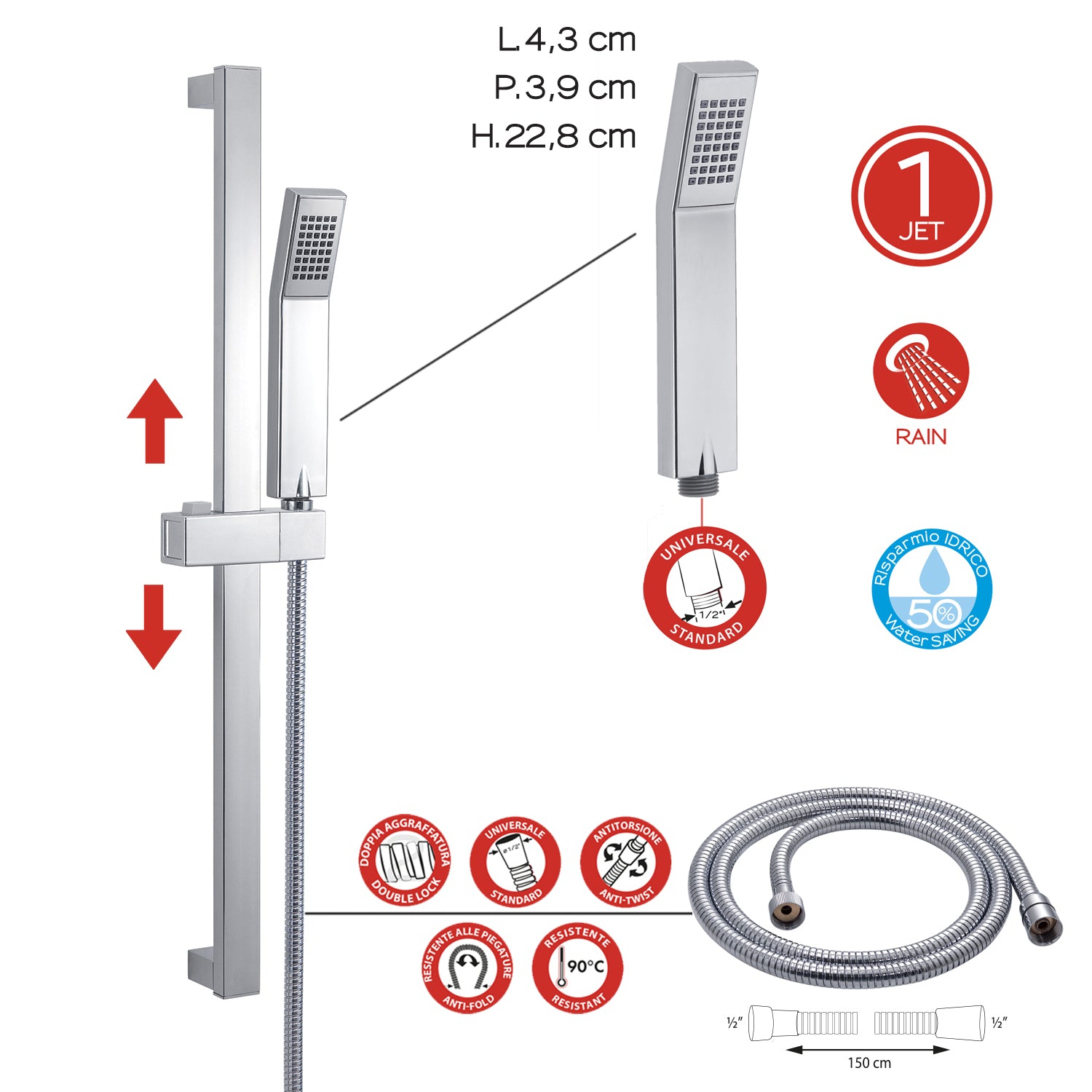 Saliscendi doccia in acciaio INOX doccetta 1 getto con flessibile antitorsione Trendy 02