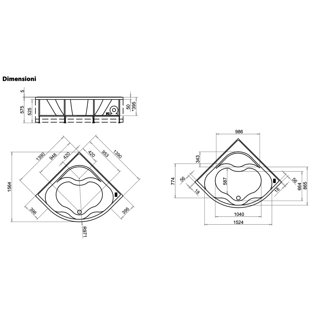 Vasca da bagno Idromassaggio angolare con telaio e pannelli 140x140 cm