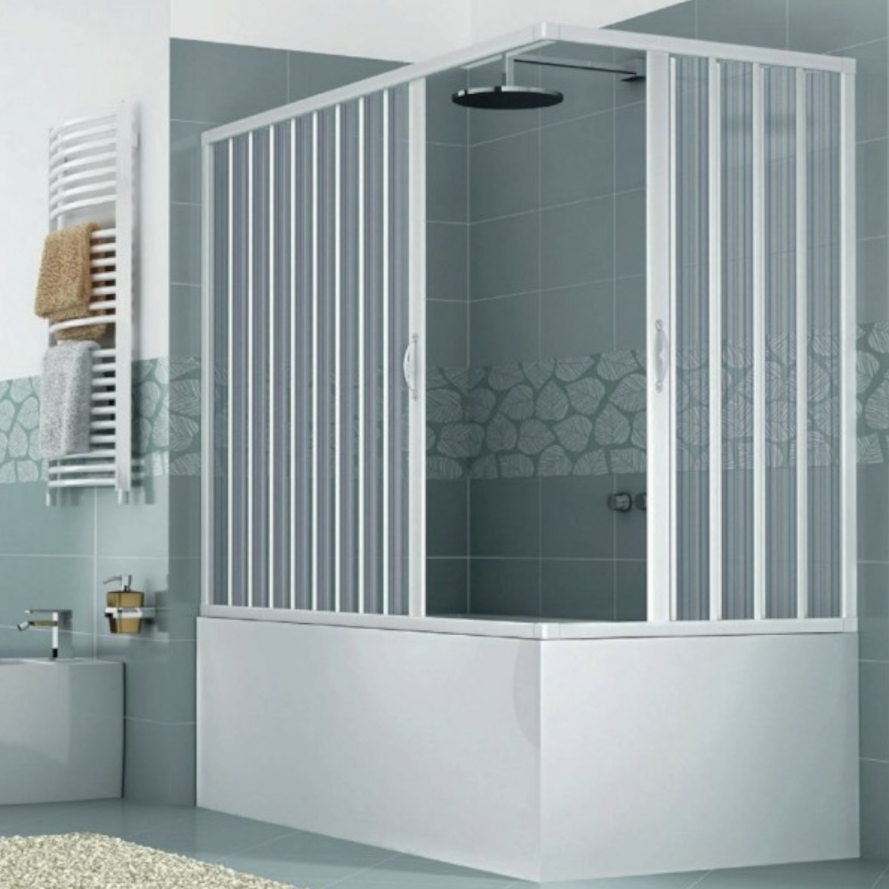 Box parete angolare in PVC per vasca h150 cm con apertura centrale a soffietto