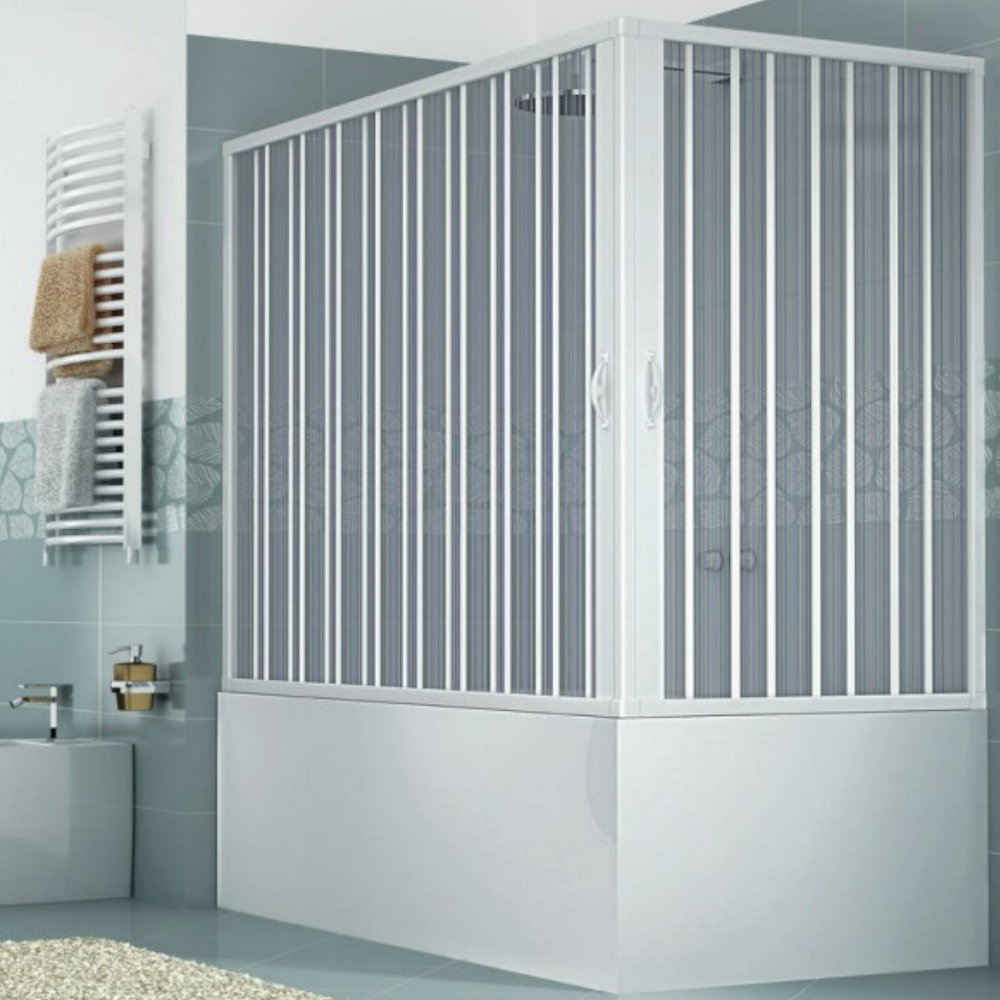 Box parete angolare in PVC per vasca h150 cm con apertura centrale a soffietto