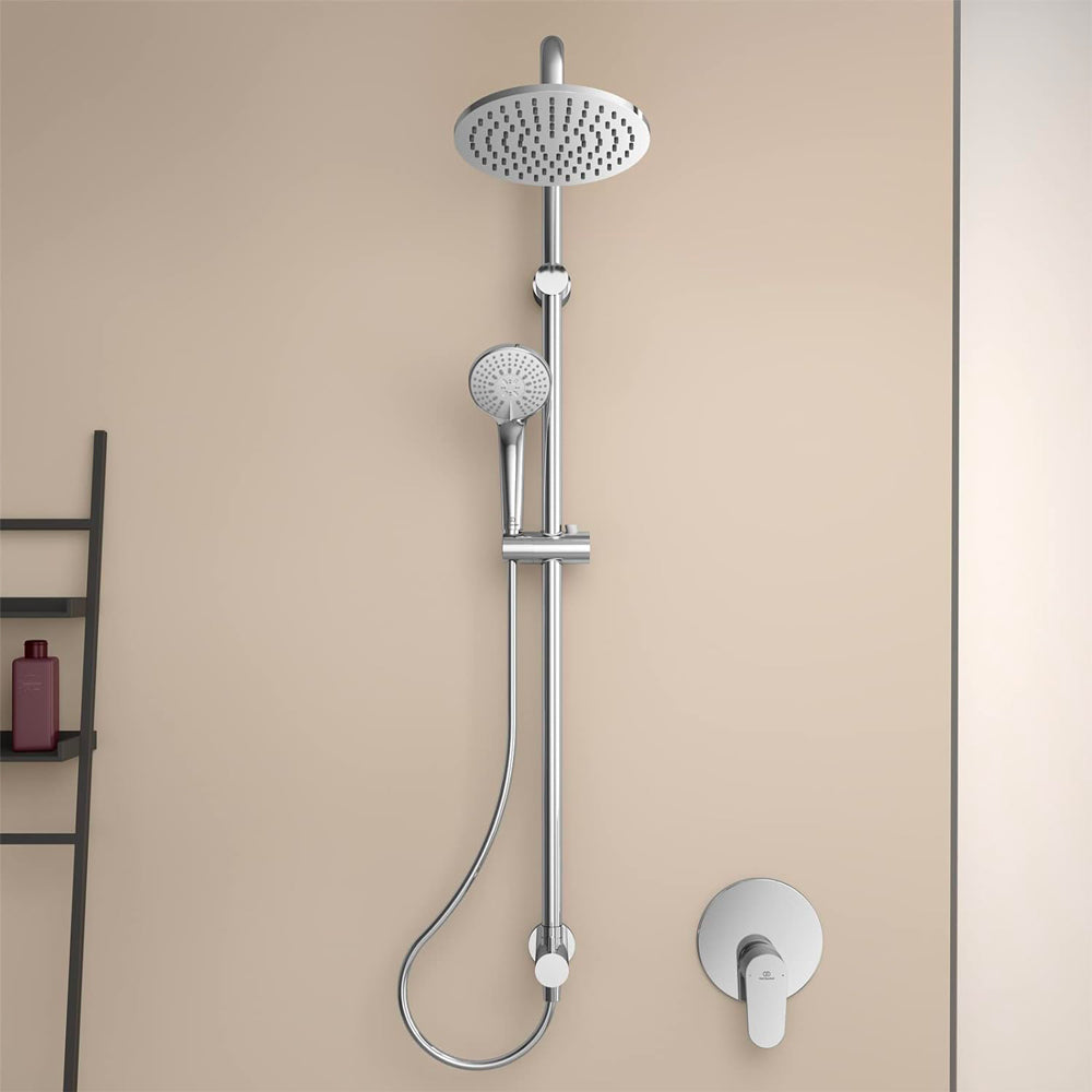 Colonna doccia cromata con soffione tondo 20 cm e doccetta con riduttore 10 cm idealduo