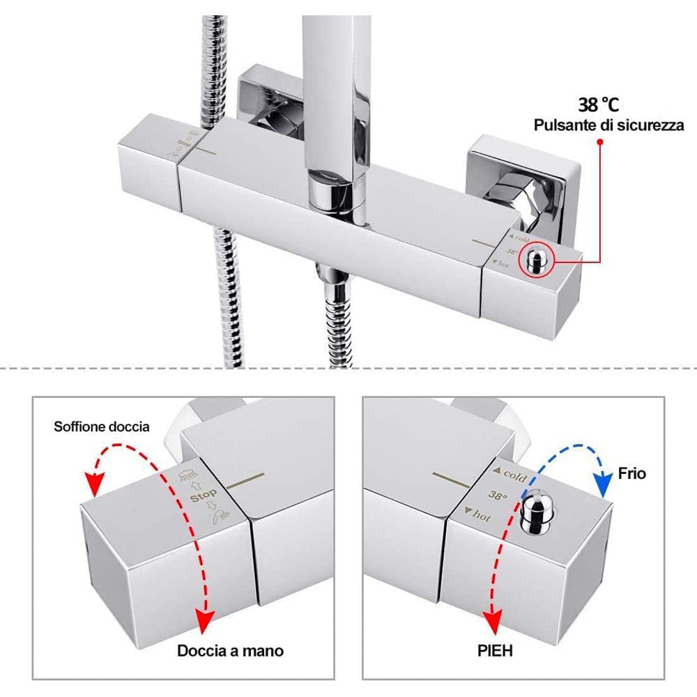 Set colonna doccia quadra con miscelatore termostatico soffione e doccetta in abs 1 getto