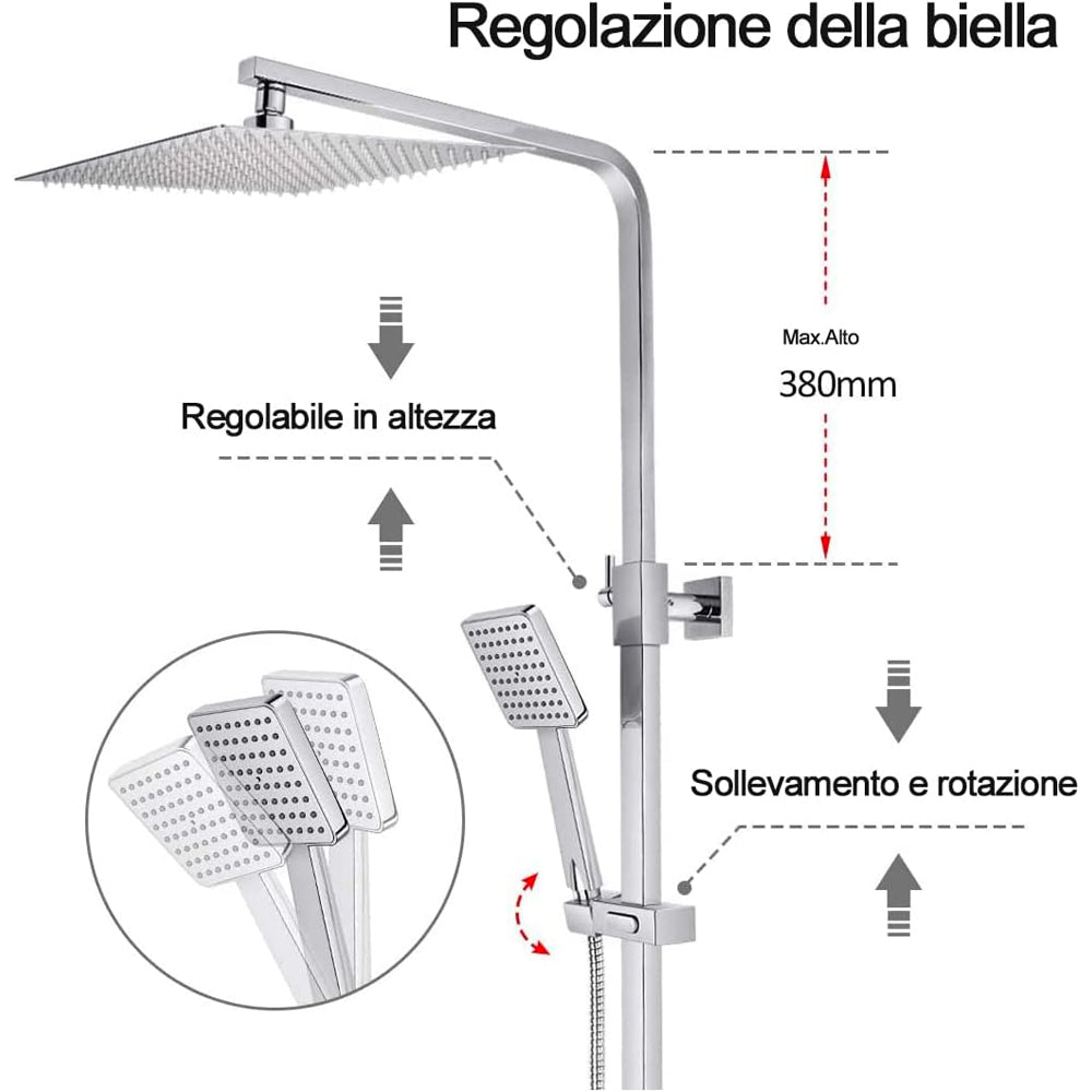 Set colonna doccia quadra con miscelatore termostatico soffione e doccetta in abs 1 getto