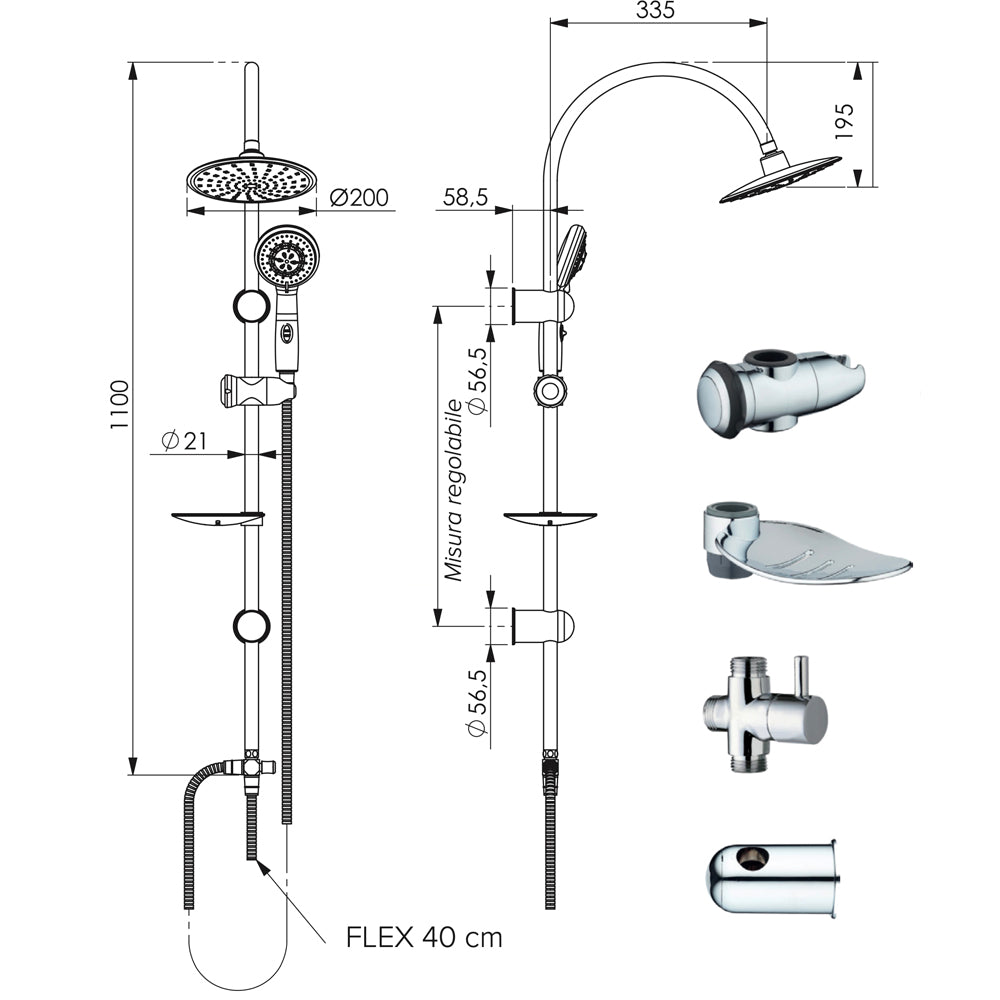 Set colonna doccia in acciaio multifunzione con deviatore doccetta e soffione in abs