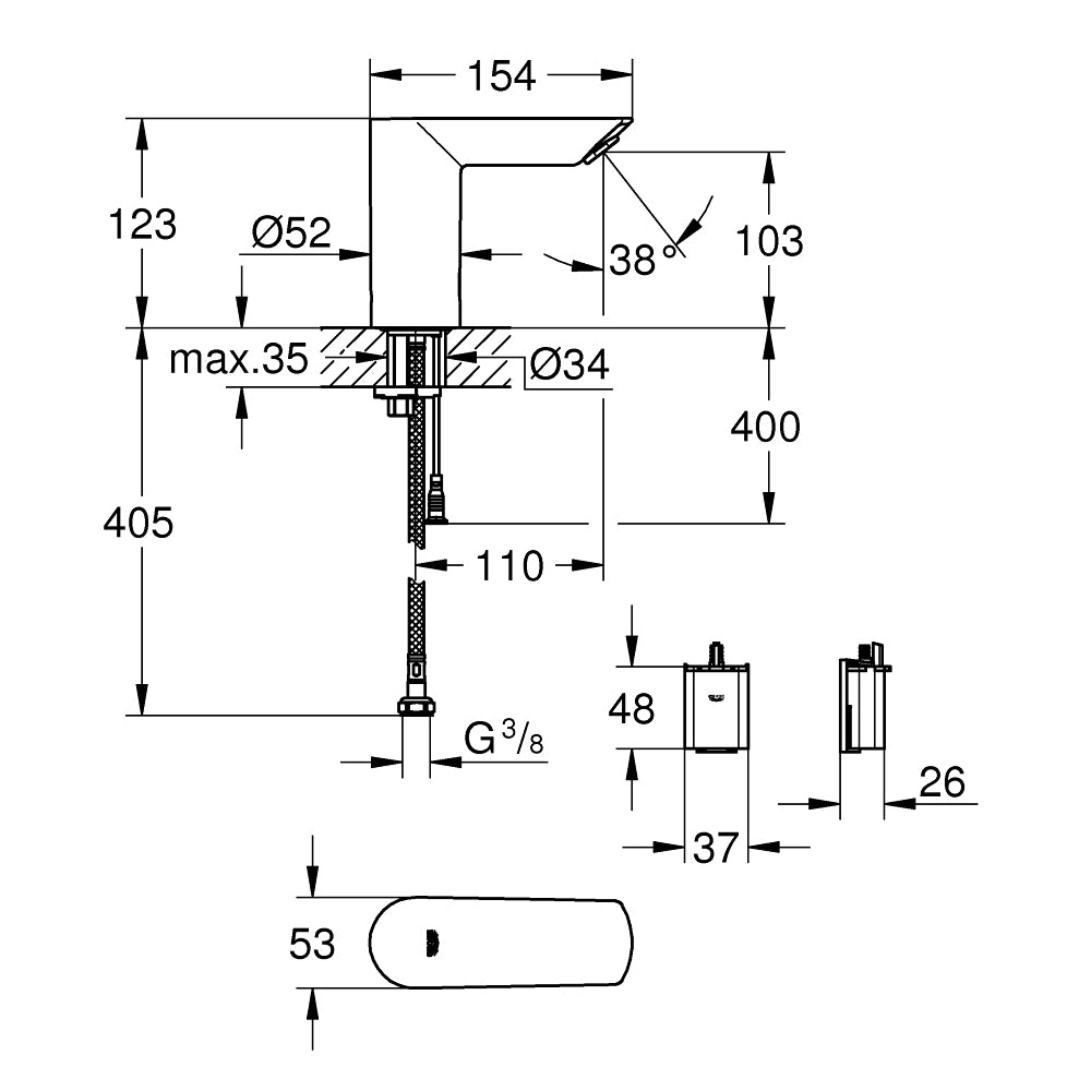 Rubinetto intelligente a fotocellula per lavabo bagno con batteria esterna 6V Bau Cosmopolitan E Grohe