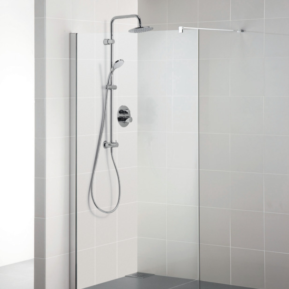 Colonna doccia cromata con soffione tondo 20 cm e doccetta con riduttore 10 cm idealduo