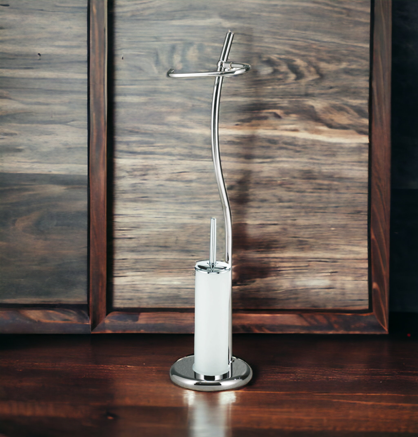 Piantana con portascopino e portarotolo in acciaio cromato Brixo