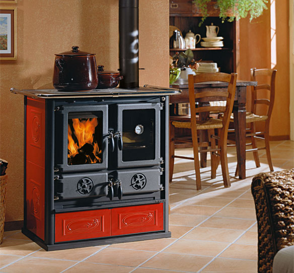 Cuisine Poêle à bois avec revêtement en majolique 7,2 kW Rosetta Liberty bordeaux