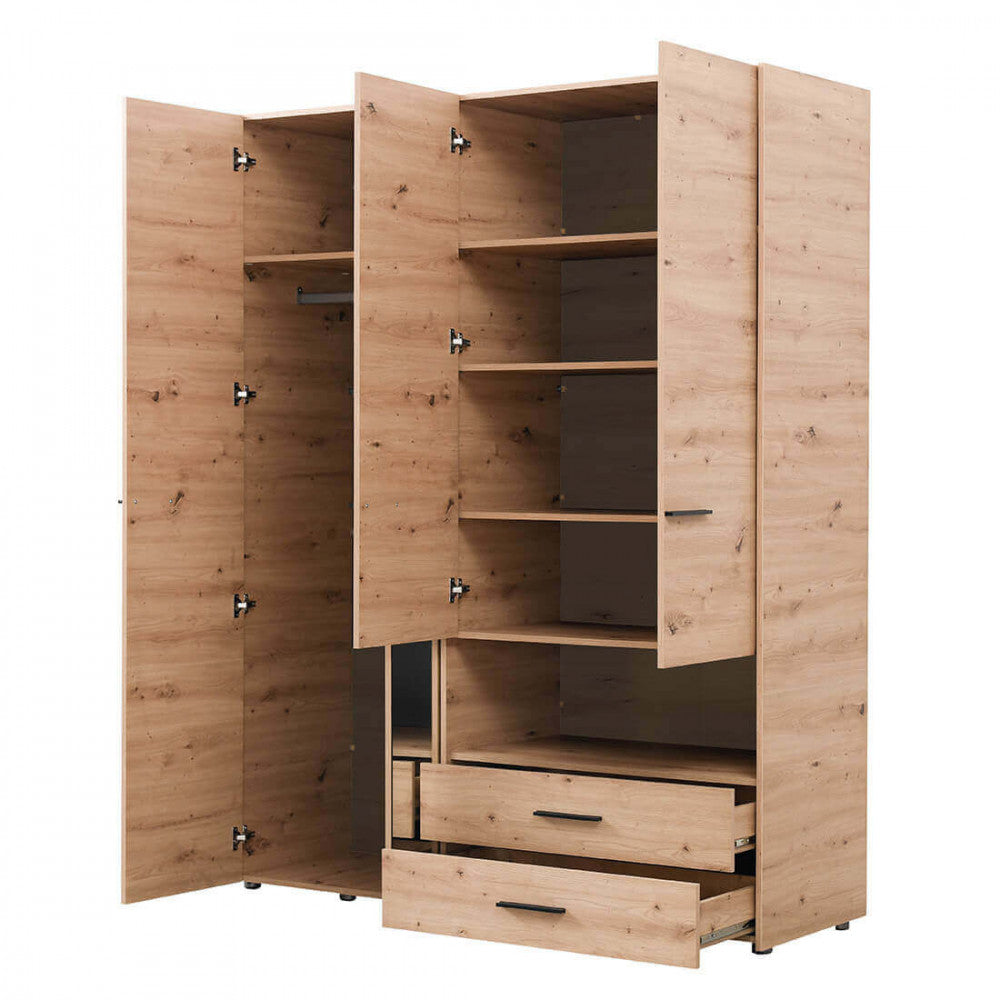 Armoire à 3 portes et 2 tiroirs en bois mélaminé bilaminé avec compartiment de rangement Silvian