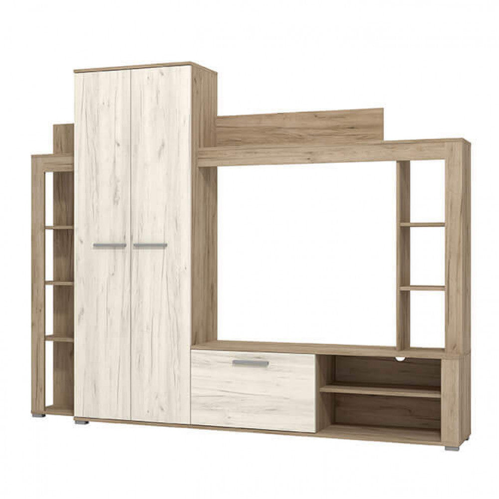 Meuble TV mural de salon en bois avec compartiment pour cintres et 9 étagères Manny