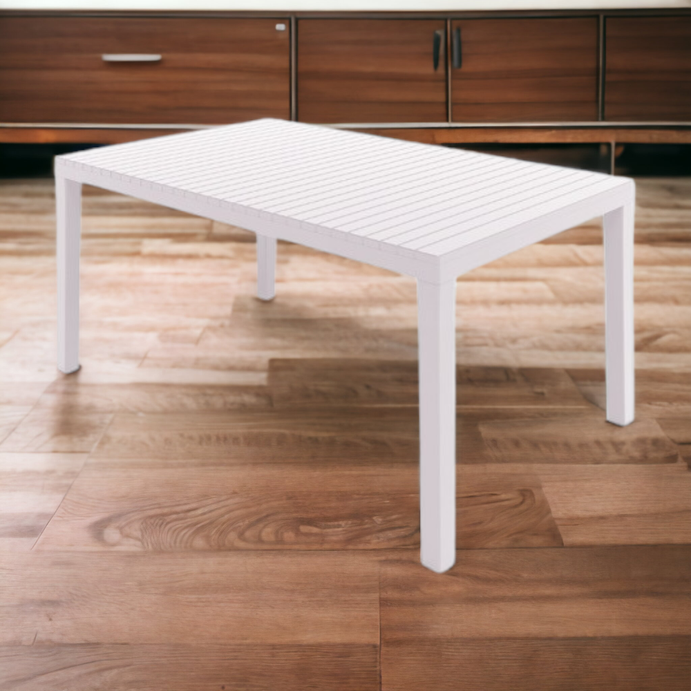 Tavolo da esterno rettangolare 150x90 cm con struttura in resina e piano effetto doghe Palau