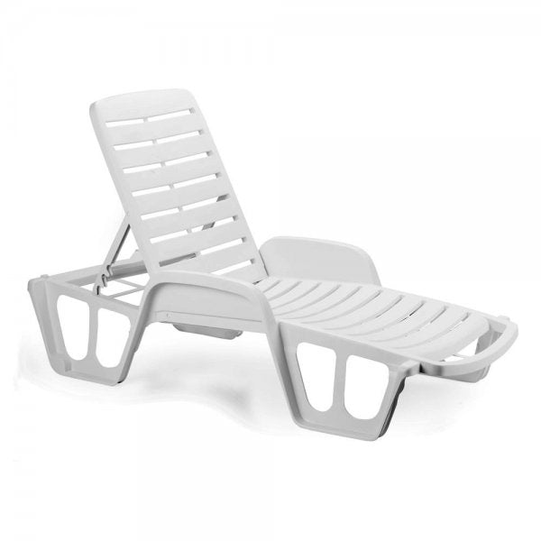 Chaise longue d'extérieur en résine avec dossier inclinable et empilable Blanc.