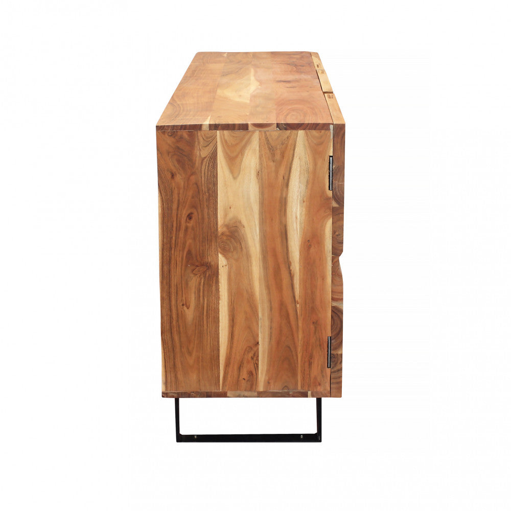 Buffet d'entrée de maison en bois d'acacia travaillé avec 3 portes et pieds en métal Kinde