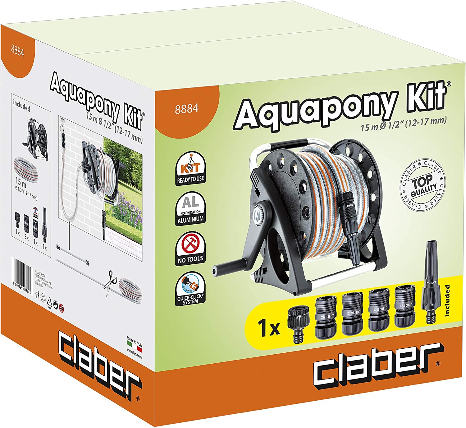 Tuyau d'arrosage 15 m + enrouleur, raccords et robinet KIT AQUAPONY 8884 CLABER