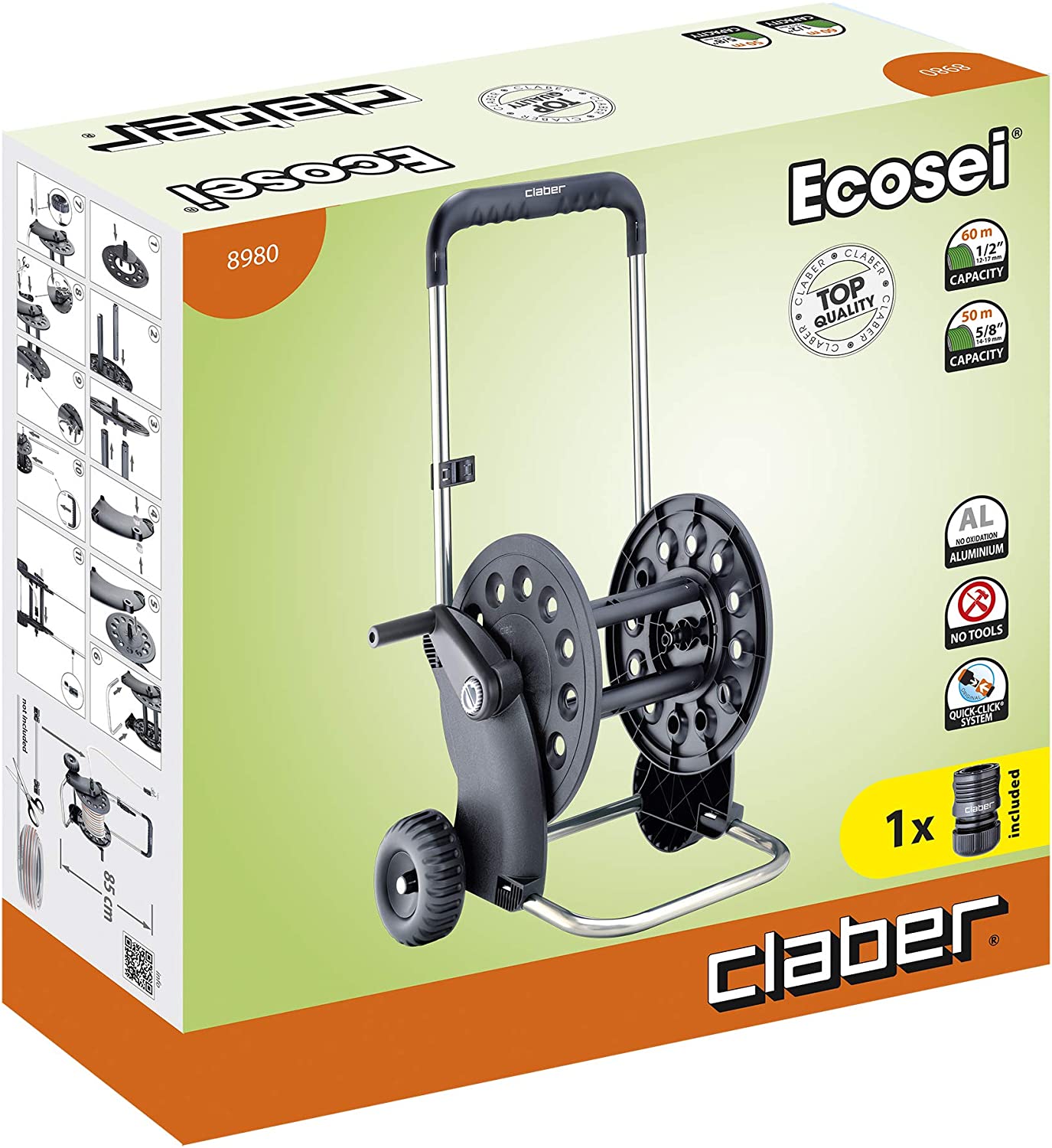 Enrouleur de tuyau pour 60 mètres de tuyau avec raccords Ecosei 8980 Claber