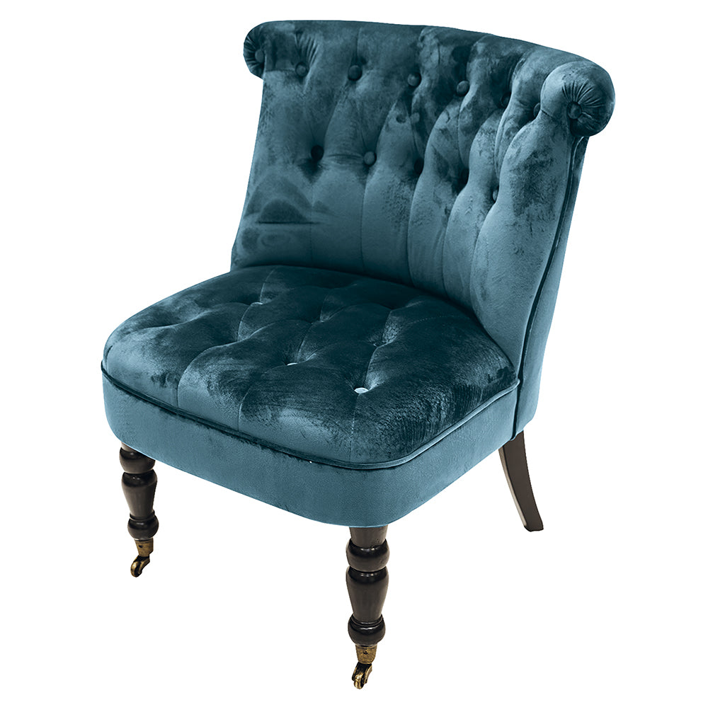 Fauteuil lounge matelassé bleu sarcelle en tissu effet velours, pieds en bois et deux roulettes, design rétro vintage Sibilla