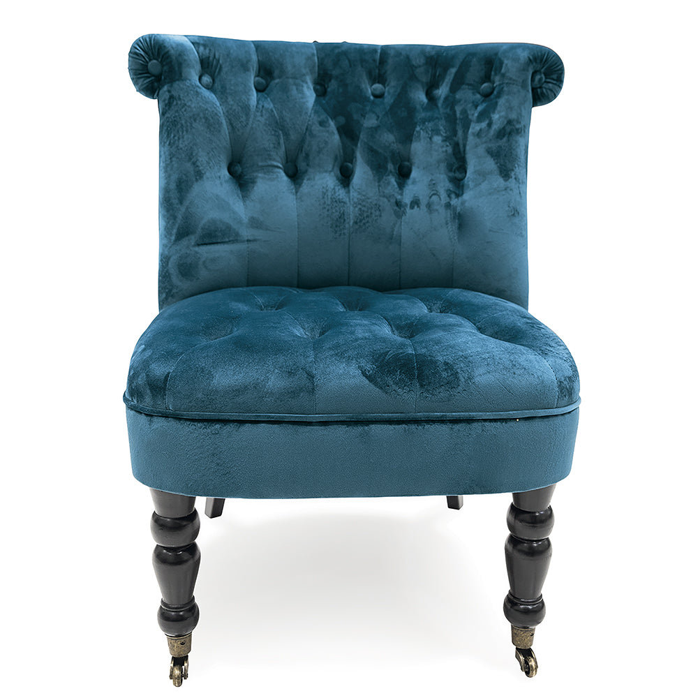 Fauteuil lounge matelassé bleu sarcelle en tissu effet velours, pieds en bois et deux roulettes, design rétro vintage Sibilla