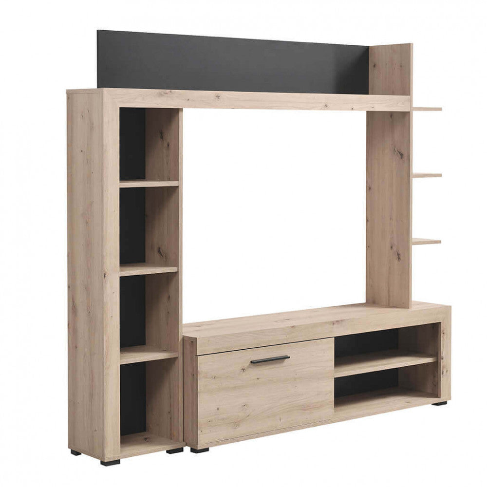Élément mural TV de salon en bois avec 10 étagères et 1 porte abattante Jessy