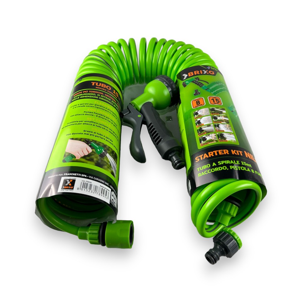 Tuyau d'irrigation en spirale extensible de 15 mètres avec pistolet multifonction, 8 jets et raccords Brixo Iris Nilo