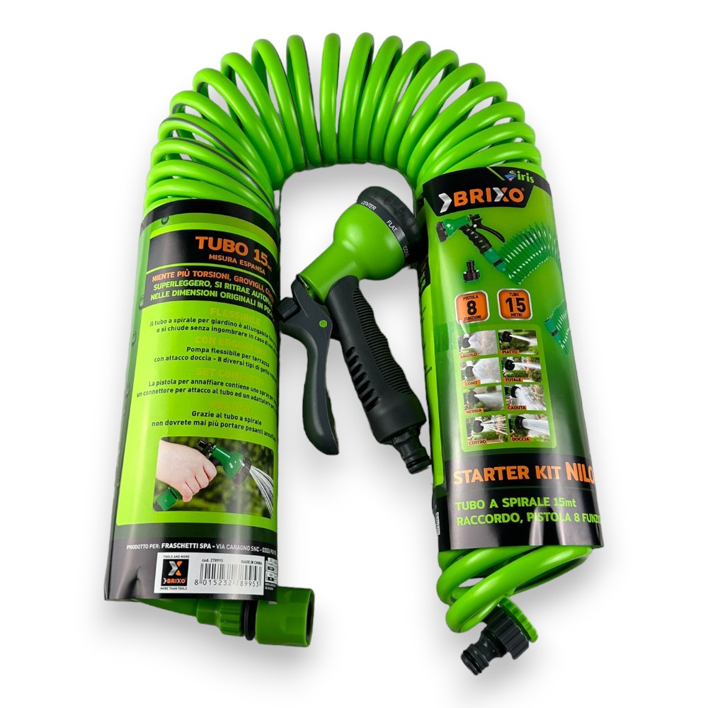 Tuyau d'irrigation en spirale extensible de 15 mètres avec pistolet multifonction, 8 jets et raccords Brixo Iris Nilo