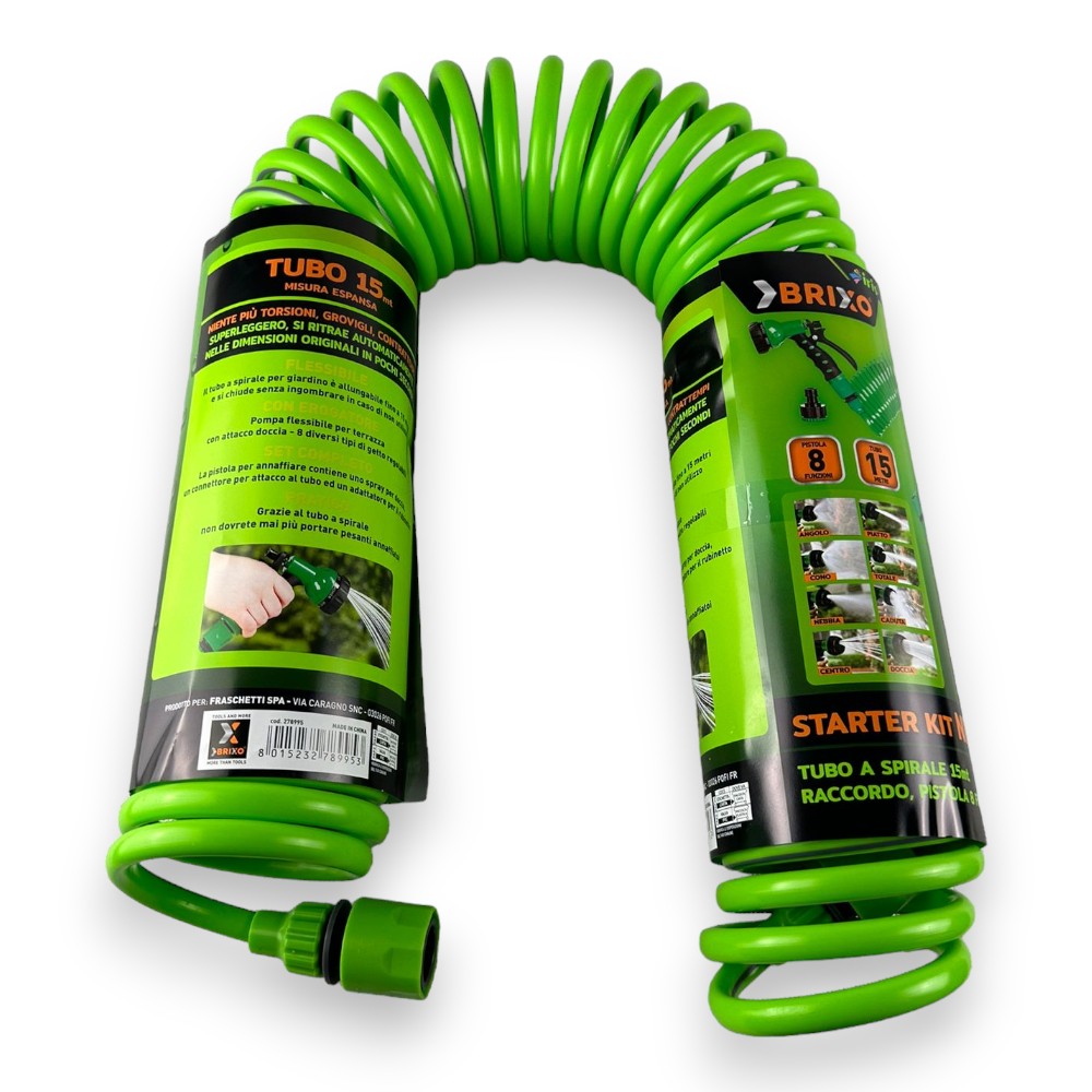 Tuyau d'irrigation en spirale extensible de 15 mètres avec pistolet multifonction, 8 jets et raccords Brixo Iris Nilo