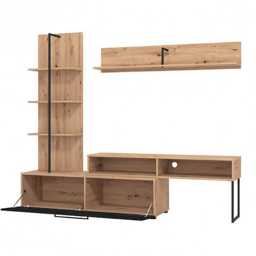 Meuble TV mural de séjour avec 10 étagères, 1 grande porte pliante et étagère suspendue Paul