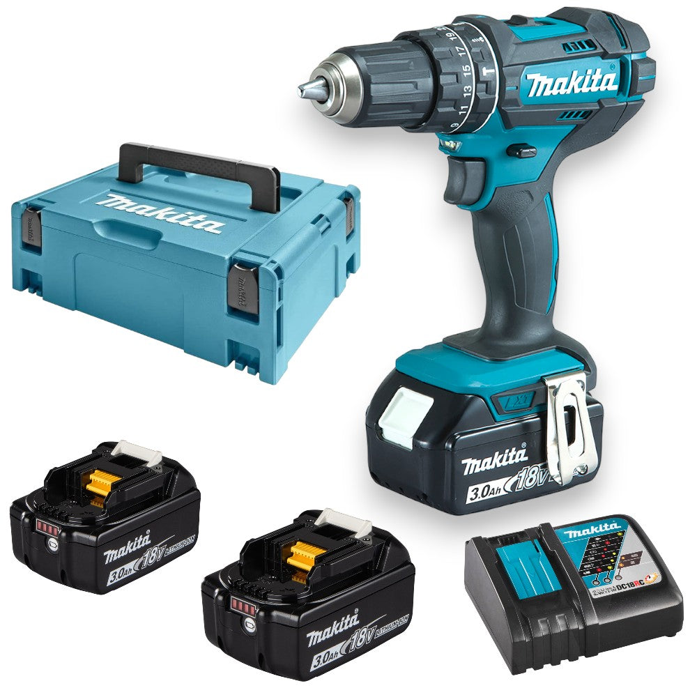 Perceuse visseuse professionnelle à percussion 2 vitesses 18V 3Ah avec 3 batteries et mallette MAKPAC DHP482RF3J 