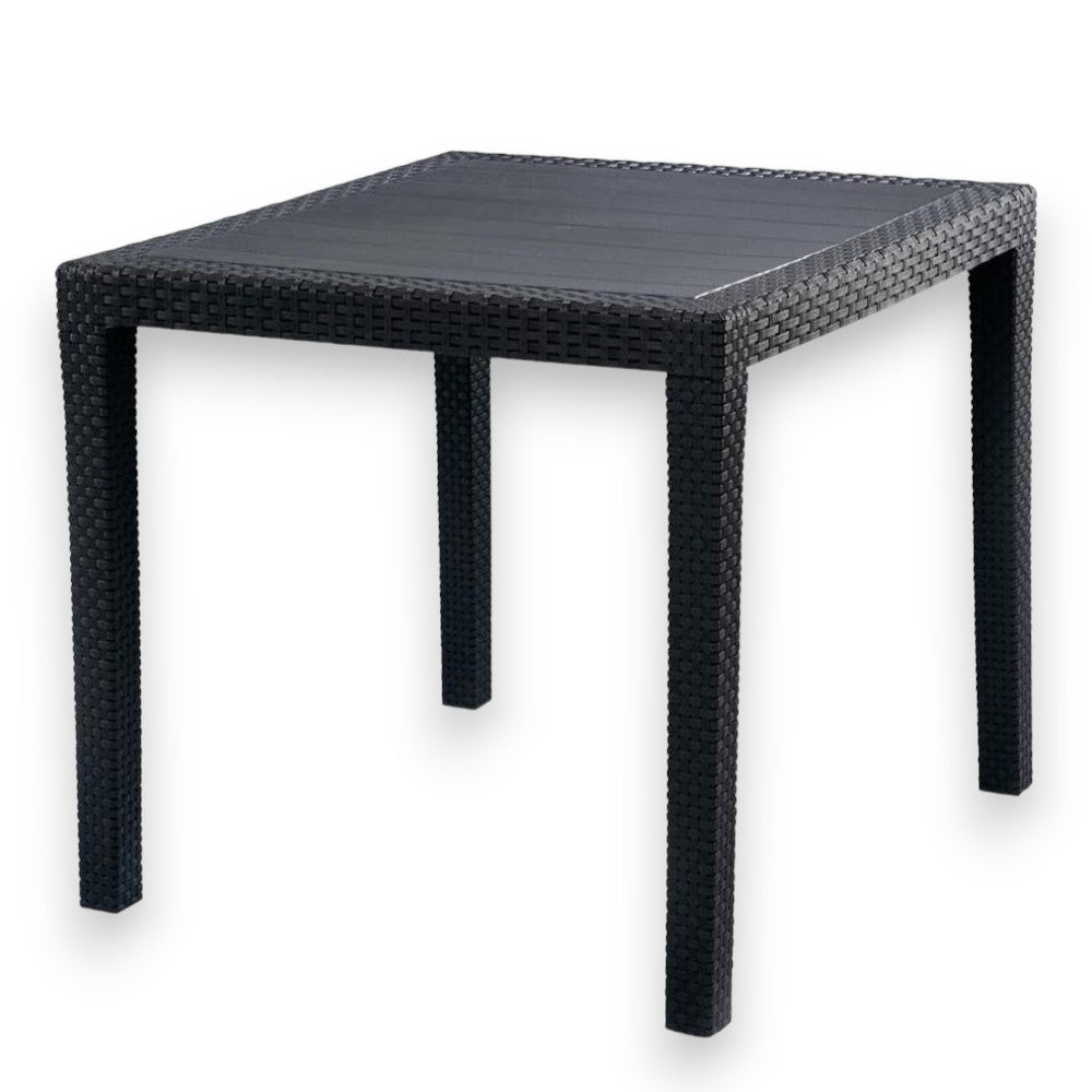 Table d'extérieur 80x80xH72 cm en résine effet rotin anthracite avec pieds réglables et trou central