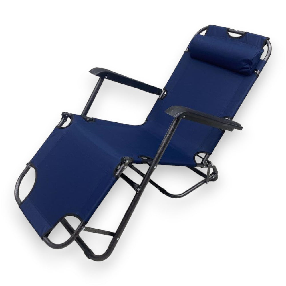 Transat pliable d'extérieur et de plage avec accoudoirs et coussin, structure en acier et tissu oxford