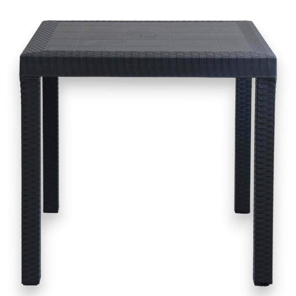 Table d'extérieur 80x80xH72 cm en résine effet rotin anthracite avec pieds réglables et trou central