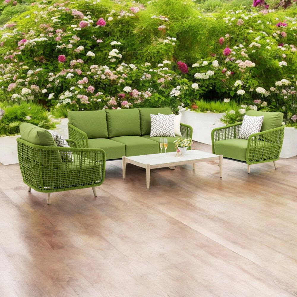 Salotto da giardino struttura in alluminio e rivestimento in corda pvc con cuscini inclusi Nova