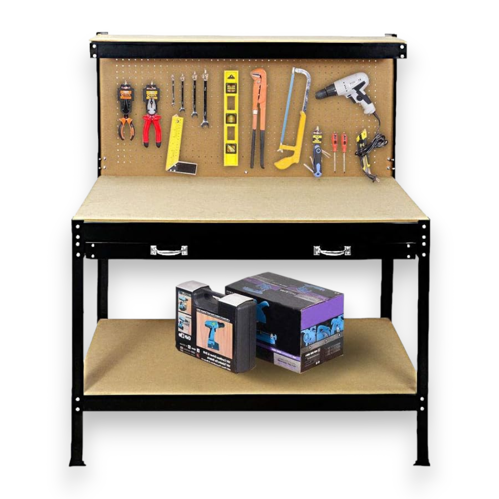 Etabli 120x60 cm avec structure en métal et étagères en MDF 