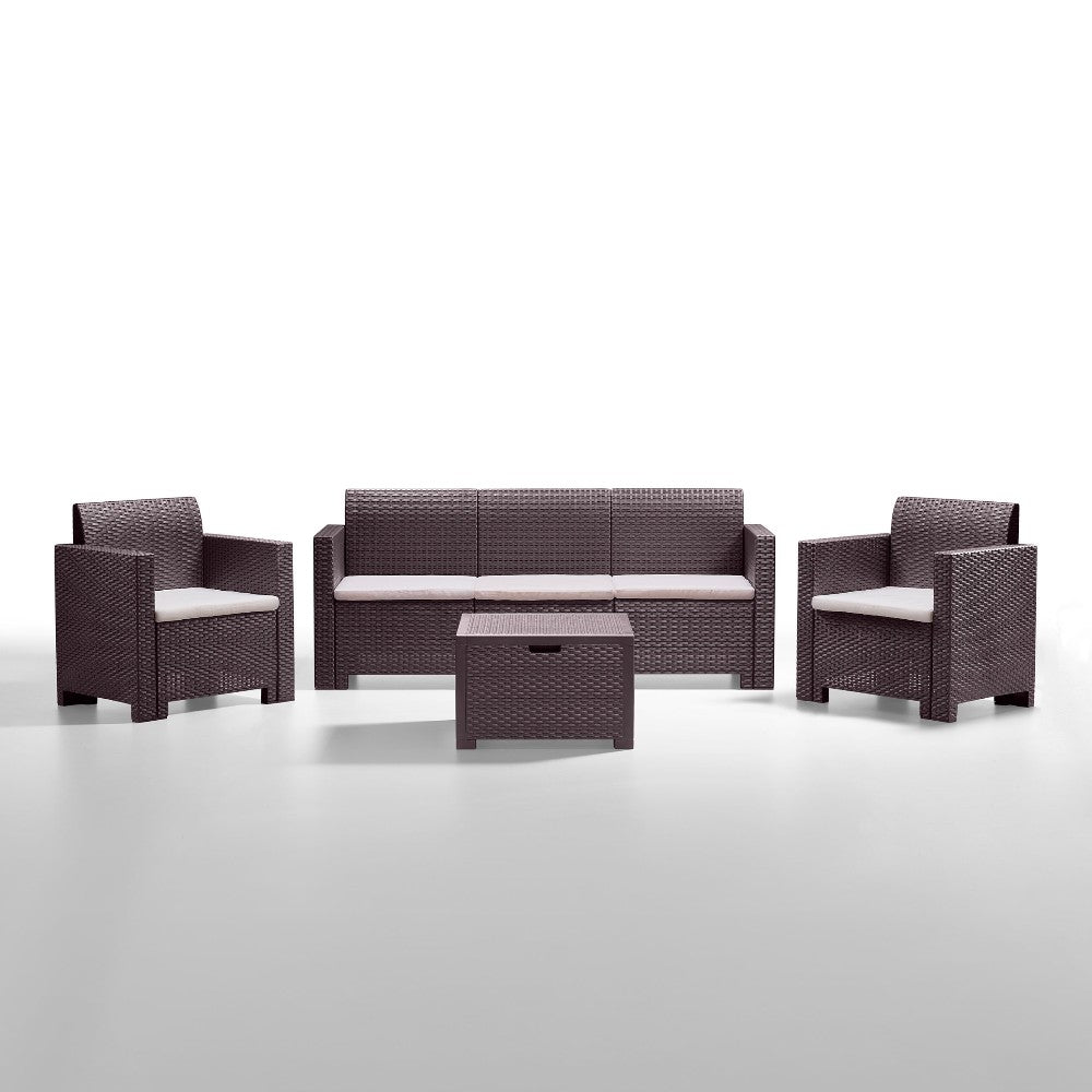 Salon en rotin composé de 2 fauteuils, table, canapé 3 places, table basse et coussins Nebraska