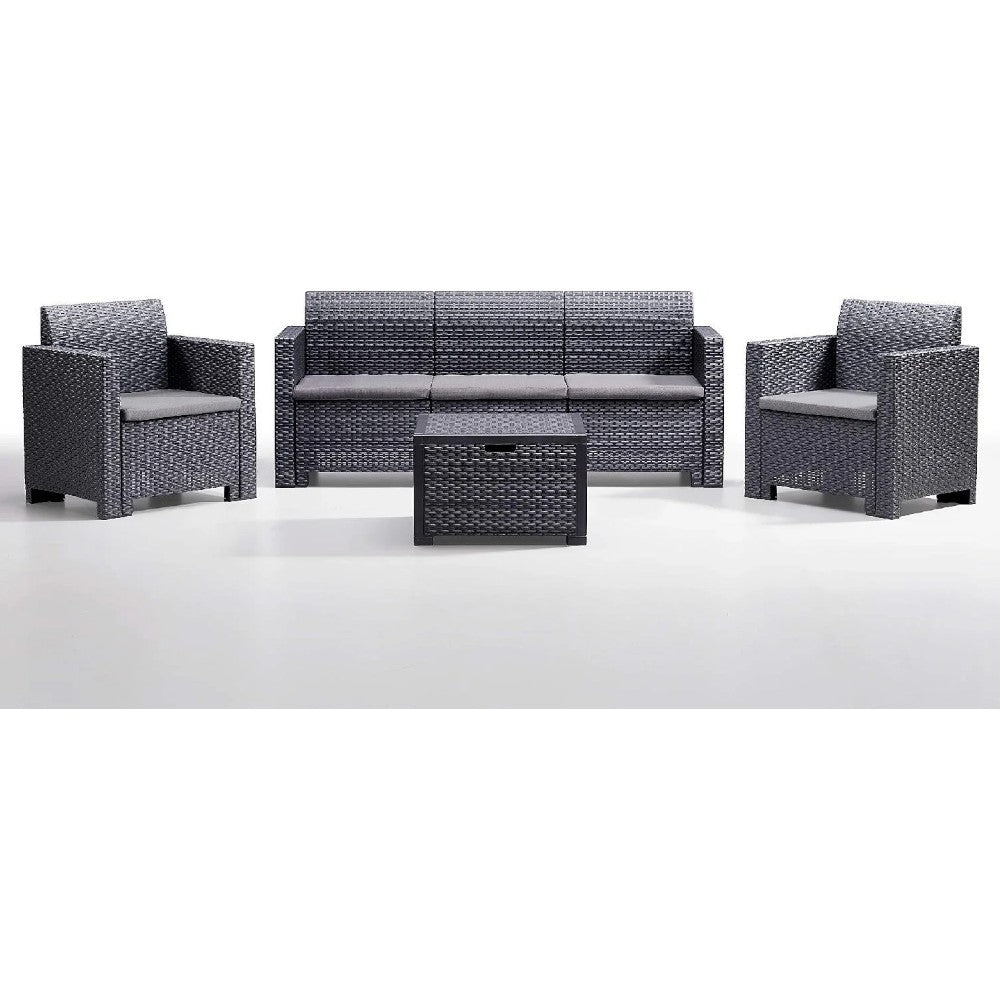 Salon en rotin composé de 2 fauteuils, table, canapé 3 places, table basse et coussins Nebraska