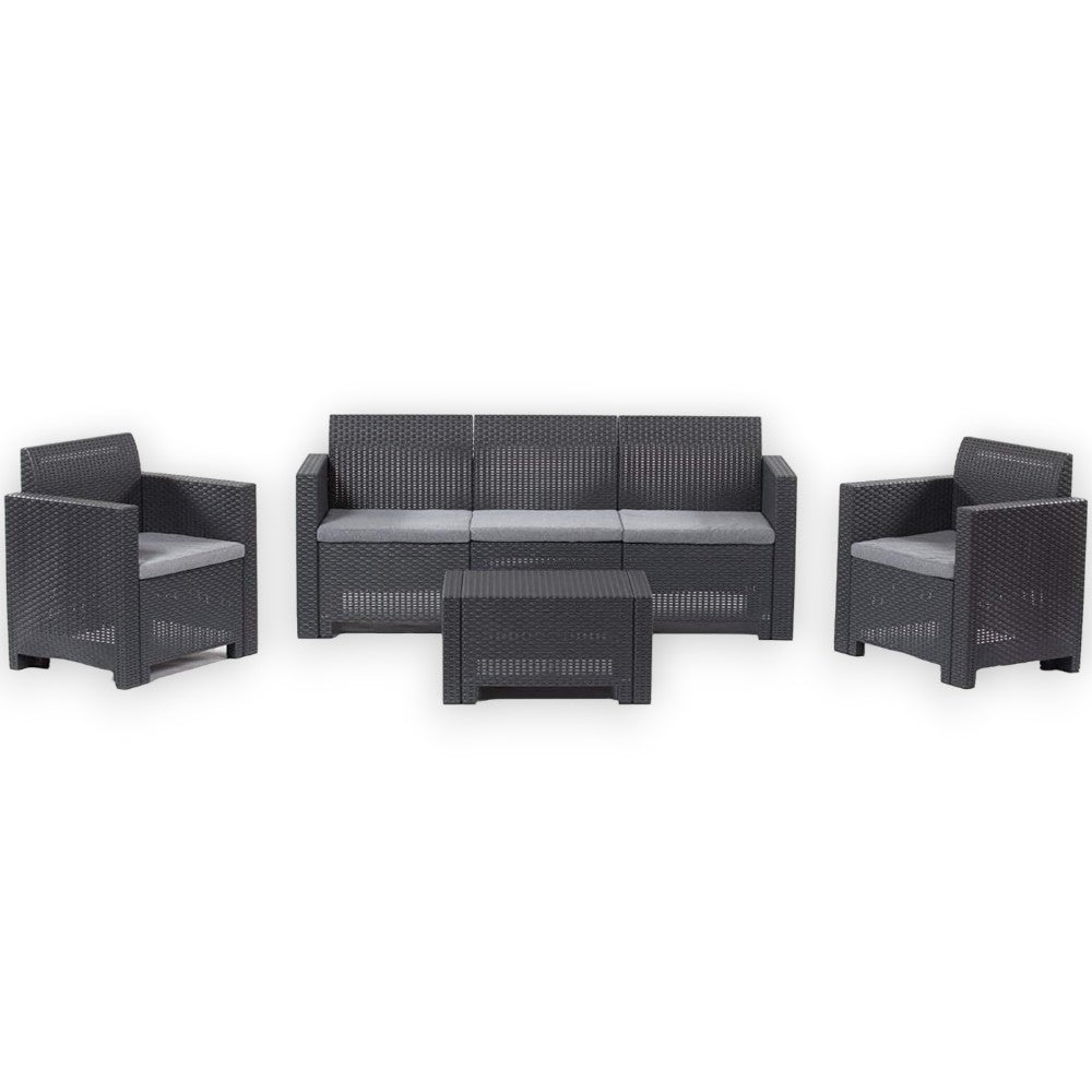 Salon en rotin composé de 2 fauteuils, table, canapé 3 places, table basse et coussins Nebraska