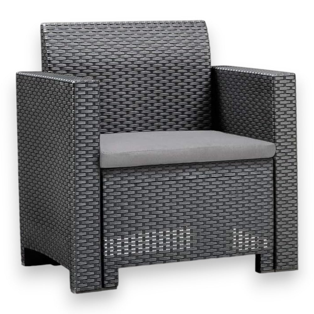 Salon en rotin composé de 2 fauteuils, table, canapé 3 places, table basse et coussins Nebraska