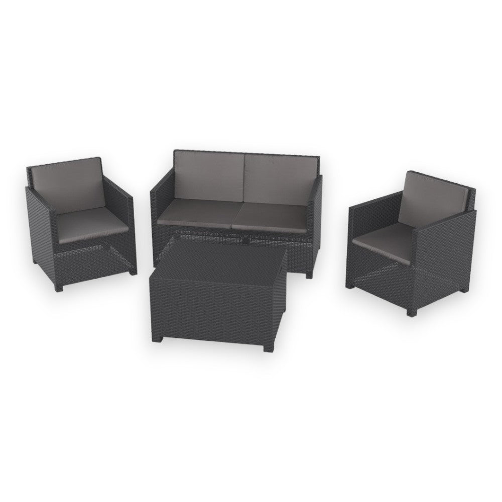 Salon de jardin d'extérieur 4 places en résine anthracite effet rotin avec coussins rembourrés et table de rangement Aurelia