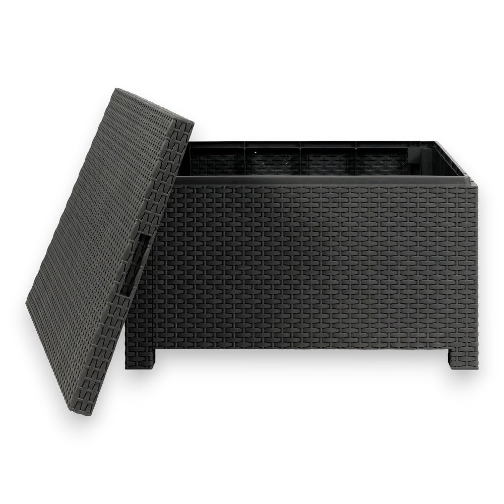 Salon de jardin d'extérieur 4 places en résine anthracite effet rotin avec coussins rembourrés et table de rangement Aurelia