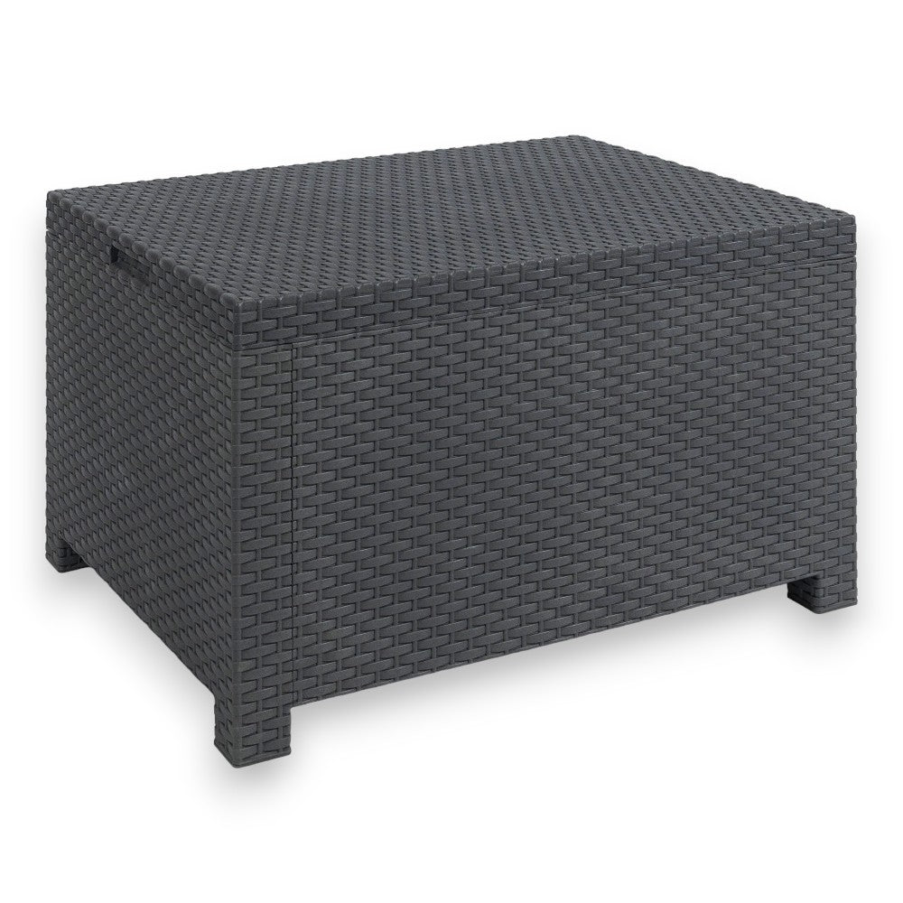 Salon de jardin d'extérieur 4 places en résine anthracite effet rotin avec coussins rembourrés et table de rangement Aurelia