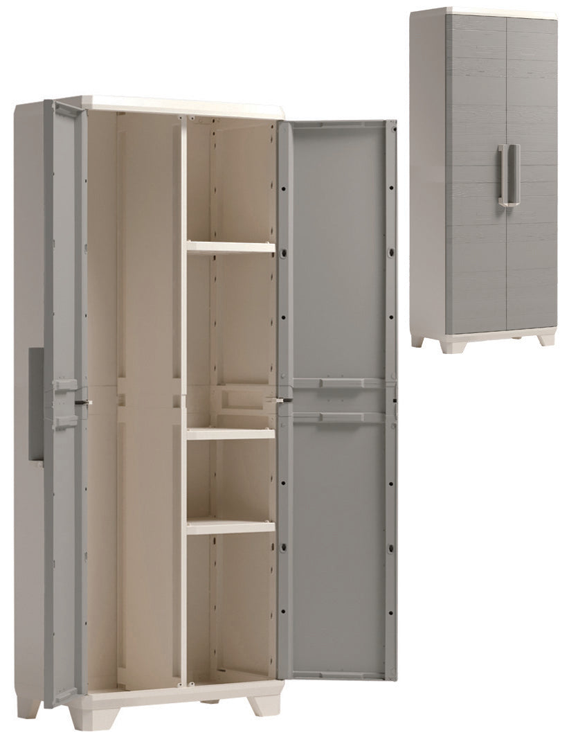 Armadio linear wood portascope lucchettabile in resina con 3 ripiani laterali regolabili e 2 ante Keter