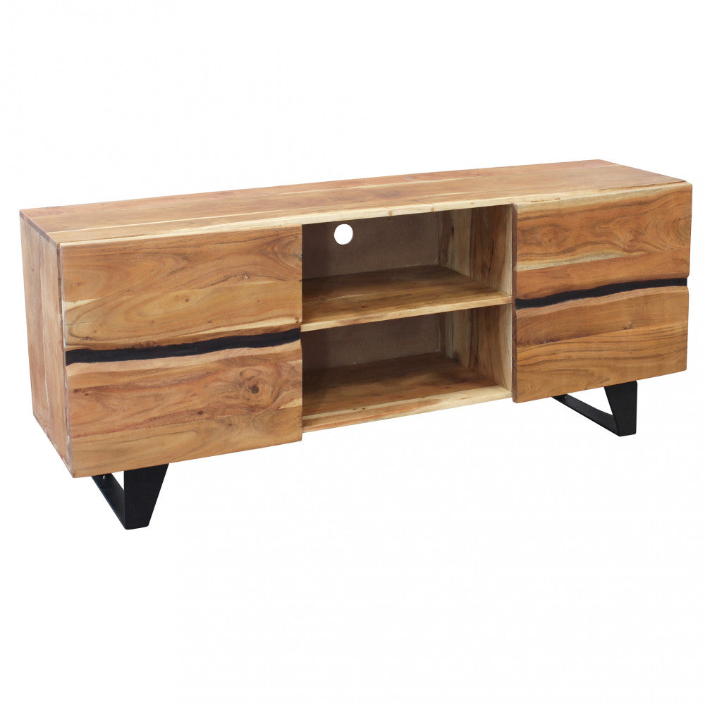 Meuble TV Nister en bois d'acacia avec 2 portes et 2 étagères