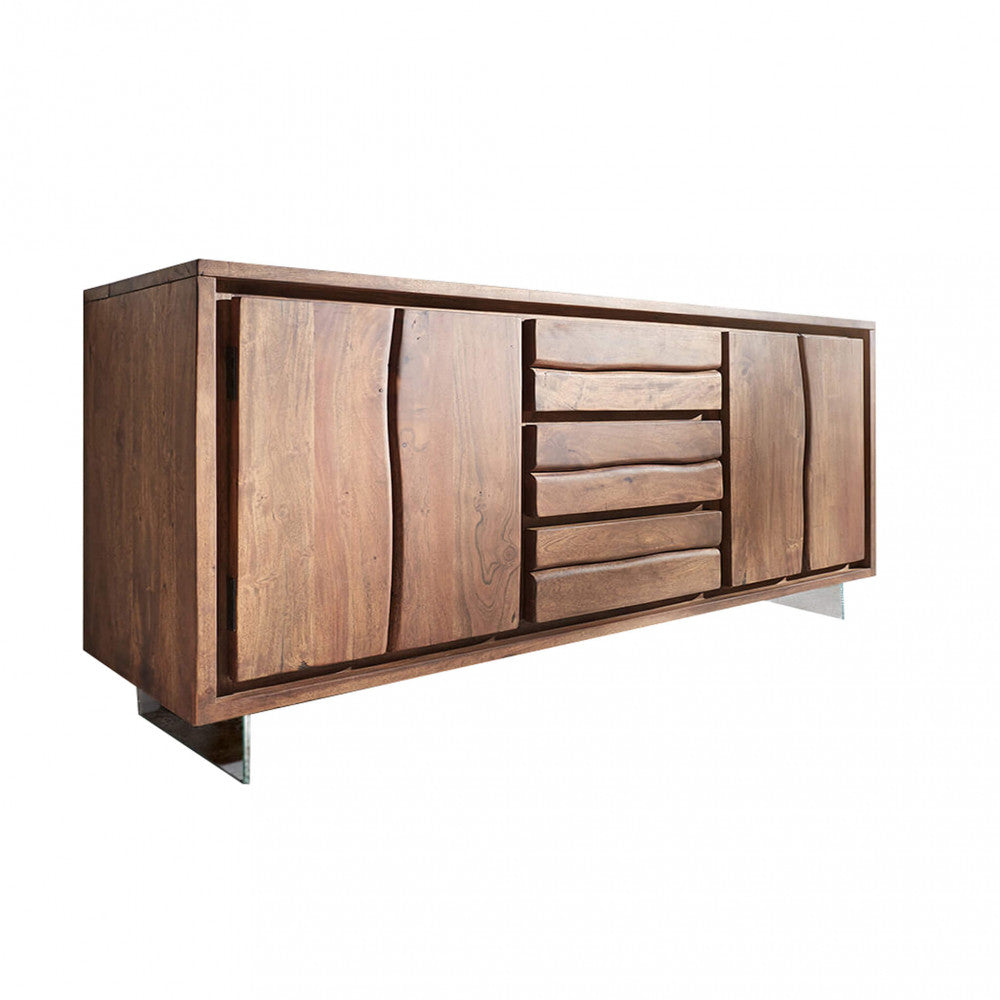 Buffet d'entrée en bois d'acacia avec 3 tiroirs centraux et 2 portes latérales Angelik