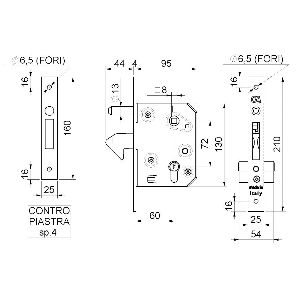 Serrure à crochet à mortaiser pour portail coulissant 60 mm Art. 350.60 COMBI