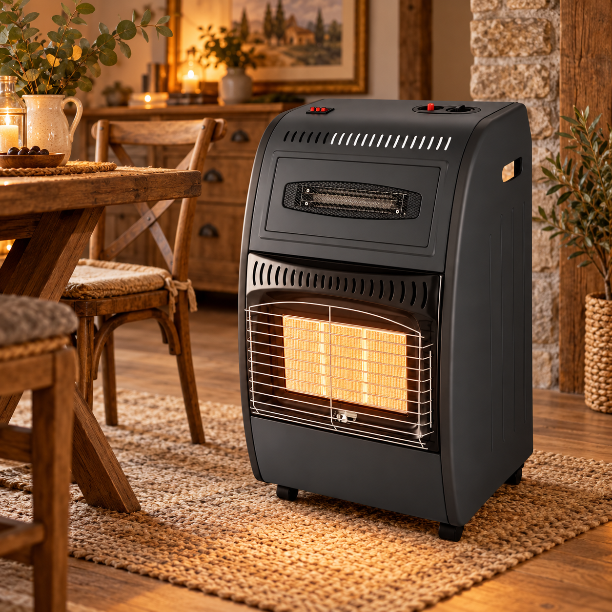 Stufa ibrida a gas GPL 4200W termoventilatore integrato 1500W con ruote
