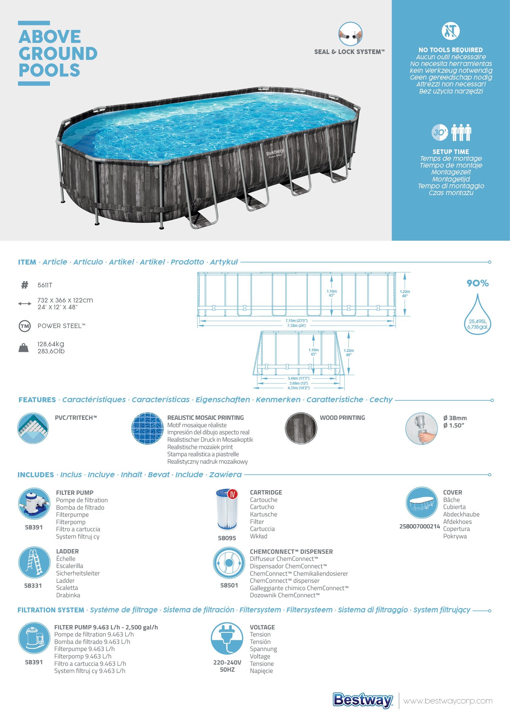 Piscine hors sol ovale Power Steel 732x366x122 cm Bestway 5611T 