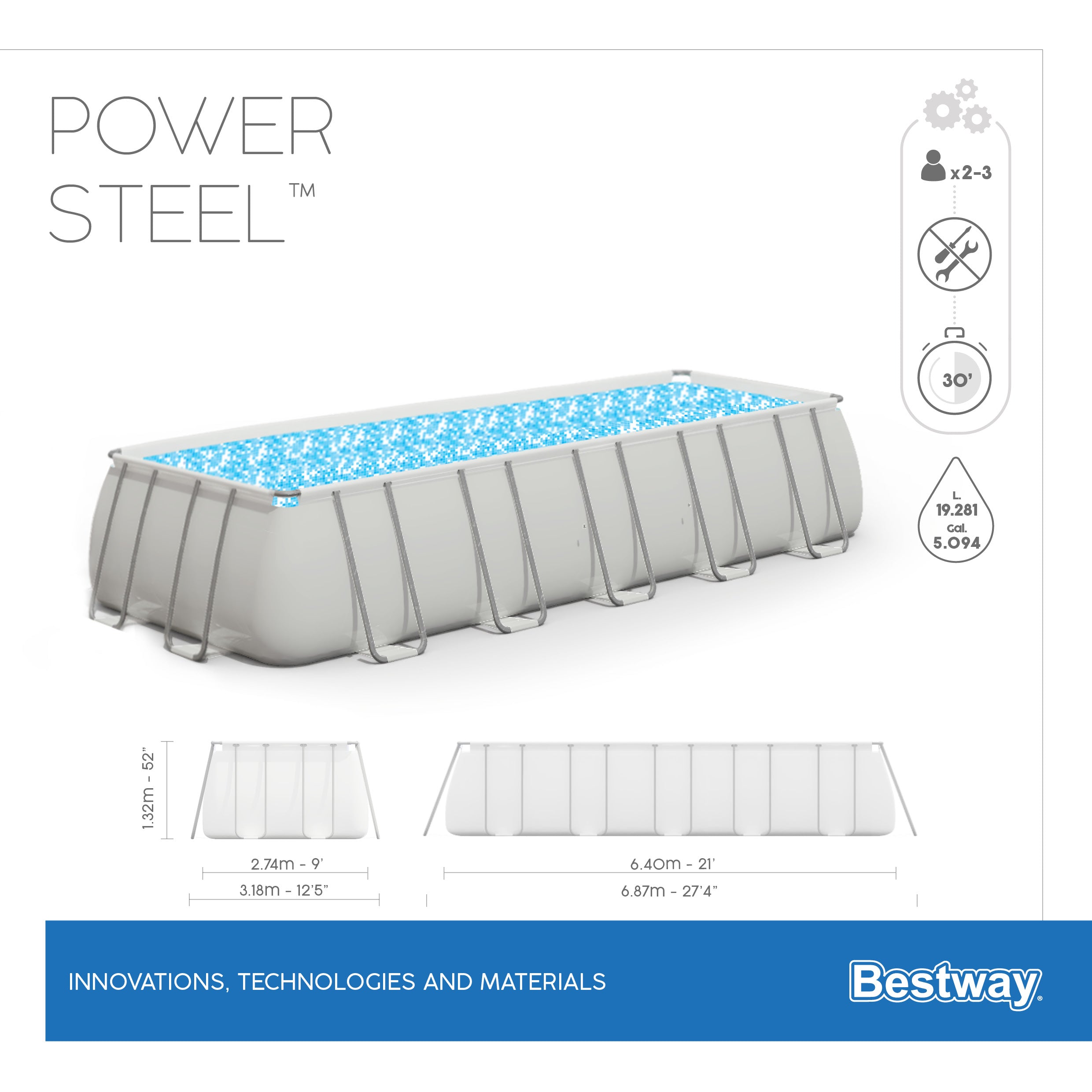Piscine hors sol rectangulaire Power Steel 640x274x132 cm Bestway 5611Z