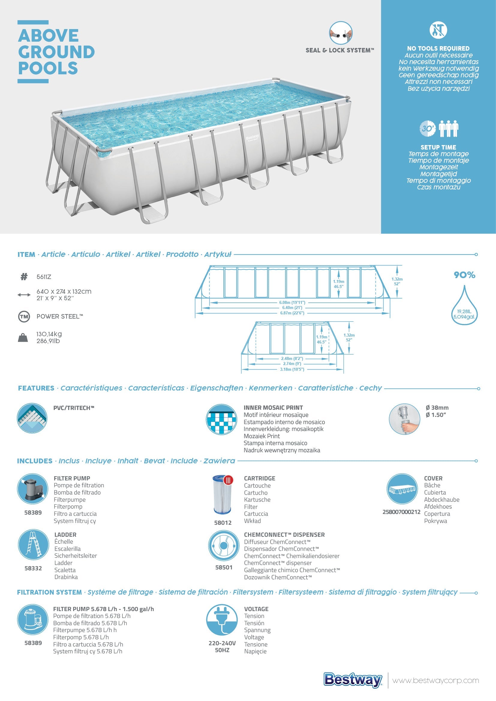 Piscine hors sol rectangulaire Power Steel 640x274x132 cm Bestway 5611Z