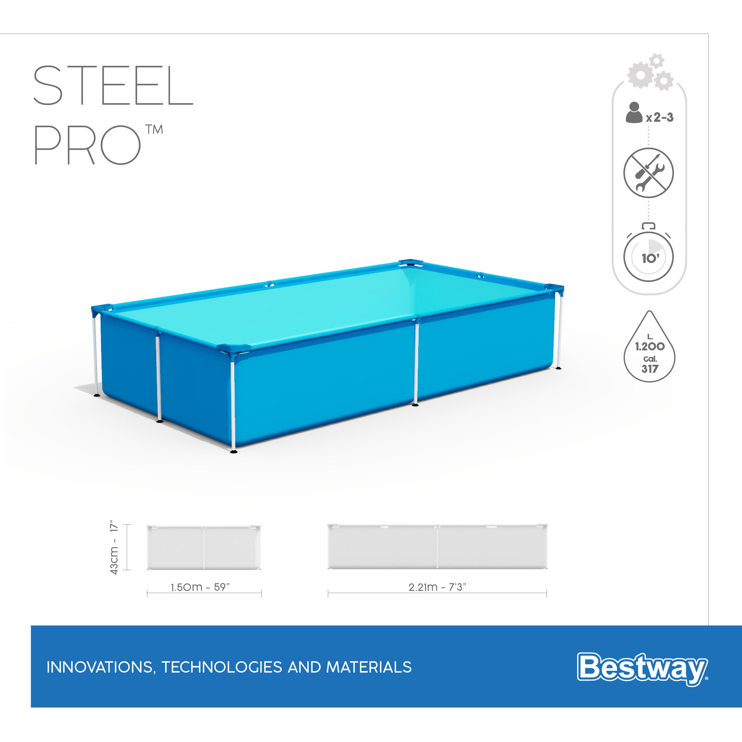 Piscine basse rectangulaire pour enfants 221x150xh43 cm Steel Pro Frame Bestway 56401 